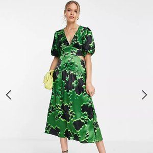 Topshop graphic floral cut out waist midi dress in green